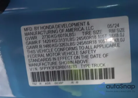 2024 Honda Ridgeline Trailsport from USA, damaged, VIN 5FPYK3F63RB018783